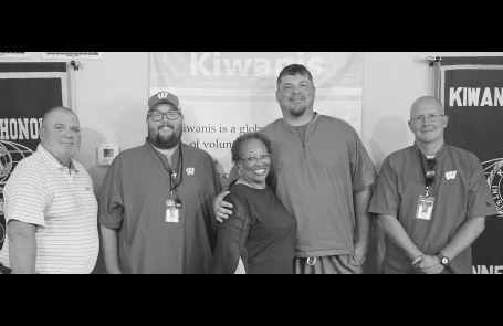 Pictured (L to R): Winnfield Middle School Principal Brent Carpenter; WMS Head Football Coach and 8th Grade Math Teacher Chance Williams; Winnfield Kiwanian and retired WMS educator Ethel Howell; WMS Offensive Line and PE Coach Justin Durbin; and WMS Defe