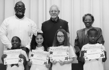 WPS Grade 2 Left to right: Jayden Parker, Marilyn Rustom, Autumn Amos, Mason Whitaker, Principal Byron King, Kiwanians Dr. Jerry Pipes and Ethel Howell.