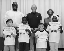 WPS Grade 1 Left to right: James “Easton” Plunkett, Daterrious Holmes, Triton Coody, A’Mari Stewart, Principal Byron King, Kiwanians Dr. Jerry Pipes and Ethel Howell.