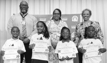 WINNFIELD PRIMARY SCHOOL-Grade 1 Left to right: A’Den Hammond, Malaysia Phillips, A’Moura Payton, Brasi Gray. Not pictured: Tre’Vonte Breaux. Principal Byron King, Assistant Principal Resa Johnson, Kiwanian Ethel Howell