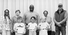 Winnfield Primary School Grade 3 (L-R): Chantry Jones, Mere Elle Bostick, Lily Rocket. Not pictured: Kasen Goodman, Assistant Principal Resa Johnson, Kiwanian Margaret Coon, Principal Byron King, Kiwanians Ethel Howell and Sheriff Josh McAllister.