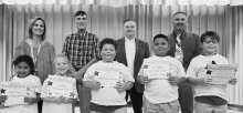 CALVIN Left to right: Roselynn Moya, Scarlett Hatten, Jayden Sepulvado, Levi McNeely, Garrett Carpenter,Teacher Kim Dupree, Kiwanians Troy Rogers and Bryan Price, Principal Justin Tinsley.