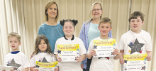 CALVIN Left to right: Logan Smith, Landry Yruegas, Hayden Allen, Finnley Shields, Jackson Gardner. Teacher Kim Dupree and Kiwanian Mary Lou Blackley.