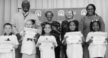 WPS - Grade 1 Left to right: Cooper Guilliams, Adrienne Jordan, Haygen Knighten, Bella Atkins, Kaylie Bloodsaw. Principal Byron King, Kiwanians Ethel Howell and Mary Lou Blackley, Assistant Principal Resa Johnson.