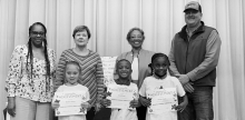 Winnfield Primary School Kindergarten (L-R): Madelyn Gardner, Karter Brown, Ri’Leigh Starks, Assistant Principal Resa Johnson, Kiwanian Margaret Coon, Principal Byron King, Kiwanians Ethel Howell and Sheriff Josh McAllister.