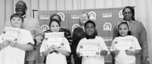 WPS - Grade 4 Left to right: Weston Higgs, June Swensen, Demonie Sapp, Kaileigh Williams. Principal Byron King, Kiwanians Ethel Howell and Mary Lou Blackley, Assistant Principal Resa Johnson.