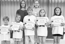CALVIN Left to right: River Gorham, Savannah Clark, Stetson Wilson, Jasmine Maggio, Reese Reed. Teacher Kim Dupree and Kiwanian Mary Lou Blackley.