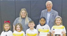 DODSON Left to right: Catherine Shell, Piper Turner, Carson Liles, Marleny Martinez, Katy Harmon. Principal Wendy Miller and Kiwanian Lamar Tarver.